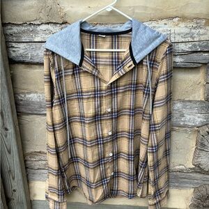 Plaid Button-Up Cotton Shirt with Hoodie Size M